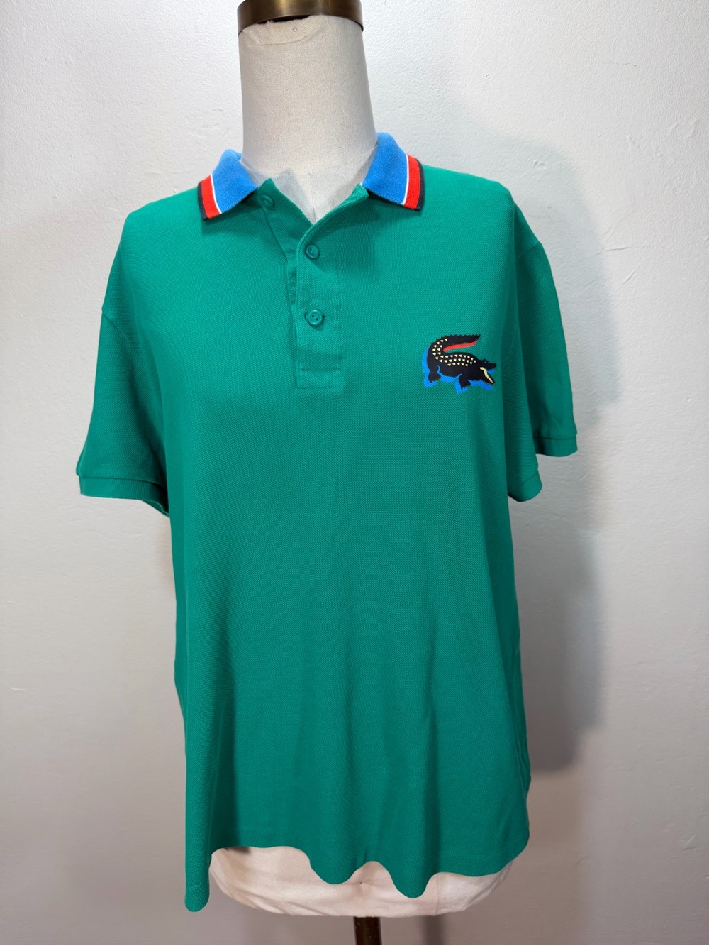 Lacoste Large Alligator Green Polo with Blue and Red Trim Collar